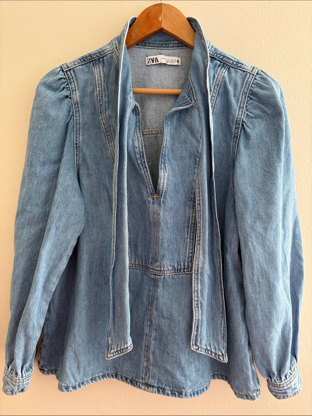 Zara Light Blue Denim Button-Down Shirt with Tie Neck